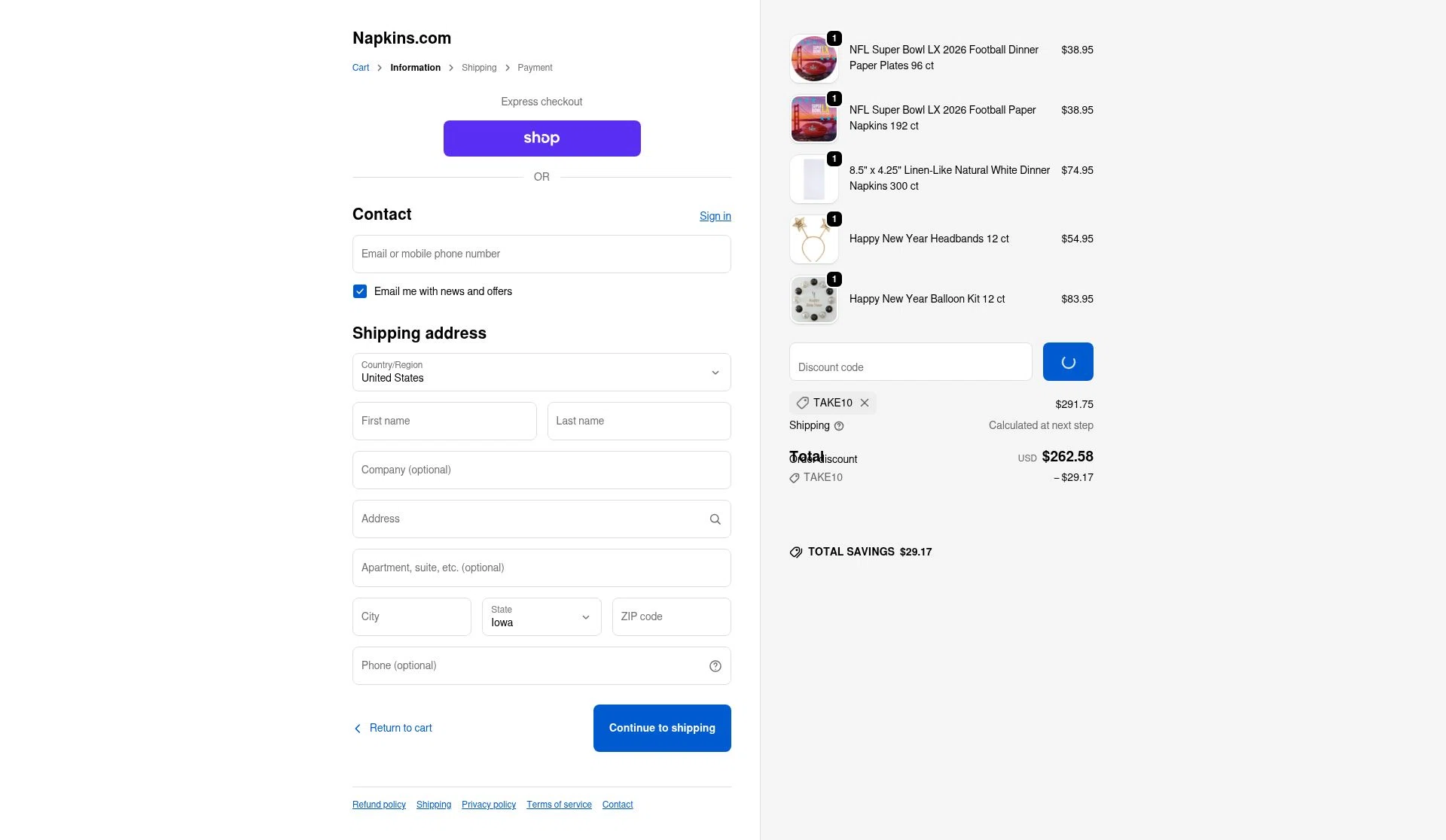 Napkins.com checkout page showing Napkins.com promo code box | Screenshot taken by SimplyCodes community member on Jan 3, 2026