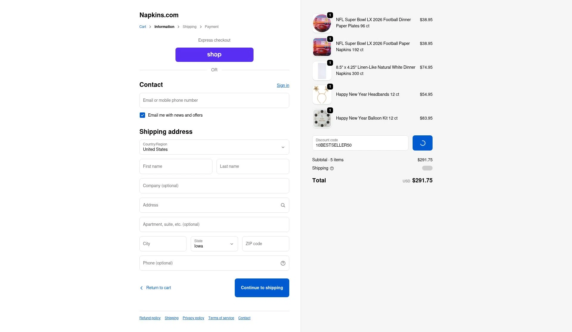 Napkins.com checkout page showing Napkins.com promo code box | Screenshot taken by SimplyCodes community member on Jan 3, 2026