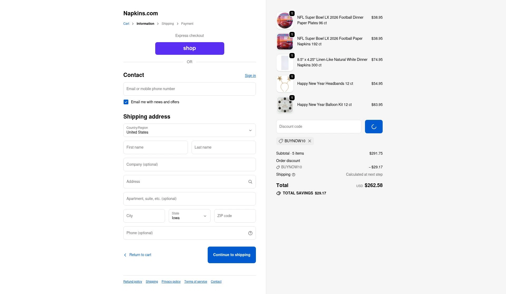 Napkins.com checkout page showing Napkins.com promo code box | Screenshot taken by SimplyCodes community member on Jan 3, 2026