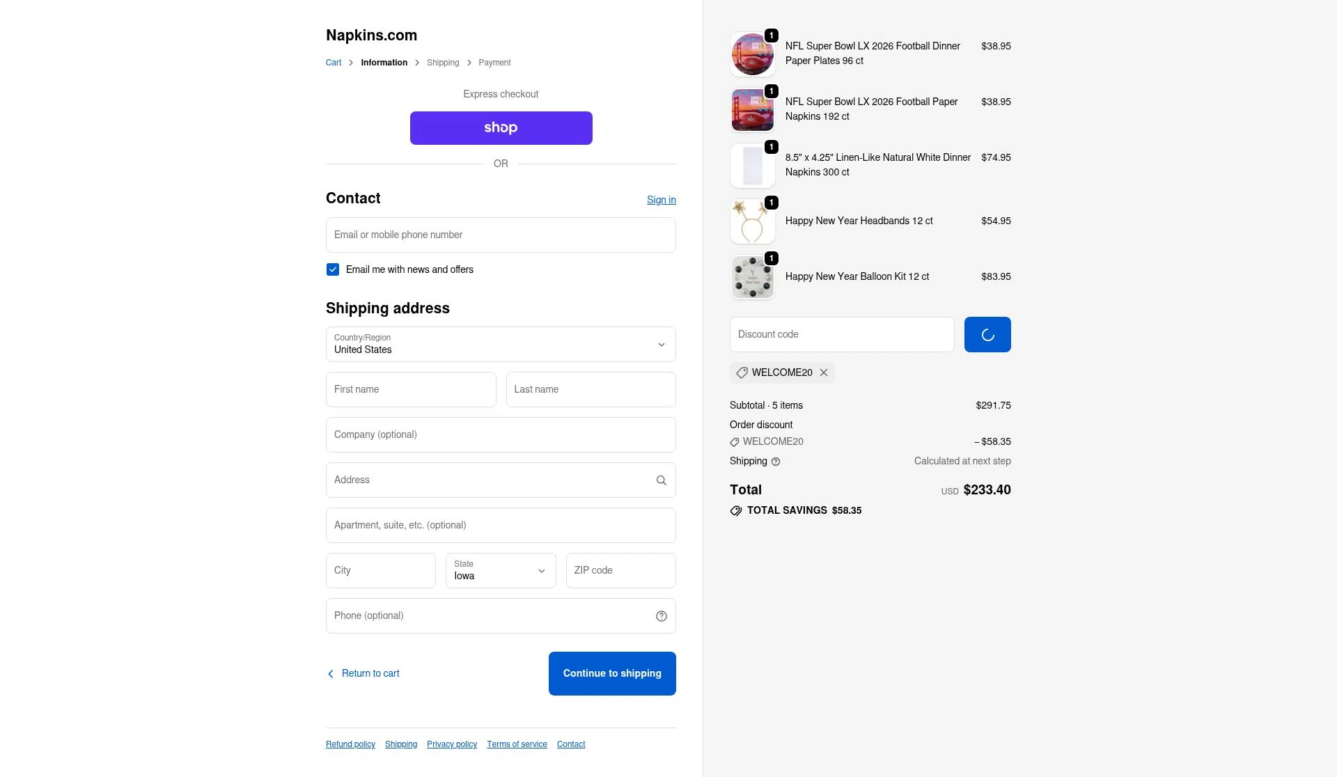 Napkins.com checkout page showing Napkins.com promo code box | Screenshot taken by SimplyCodes community member on Jan 3, 2026