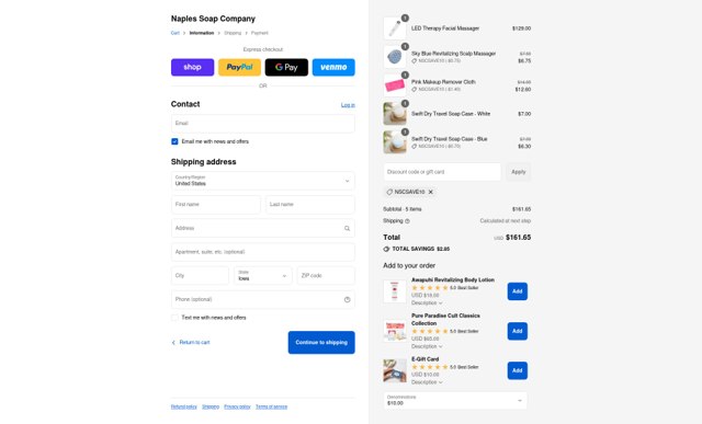 Naples Soap Company checkout page showing Naples Soap Company coupon code box | Screenshot taken by SimplyCodes community member on Sep 9, 2025
