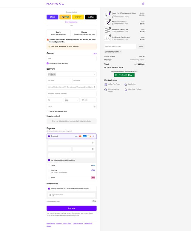 Narwal Robotics checkout page showing Narwal Robotics promo code box | Screenshot taken by SimplyCodes community member on Sep 1, 2025