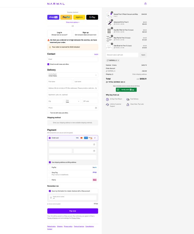 Narwal Robotics checkout page showing Narwal Robotics promo code box | Screenshot taken by SimplyCodes community member on Aug 28, 2025