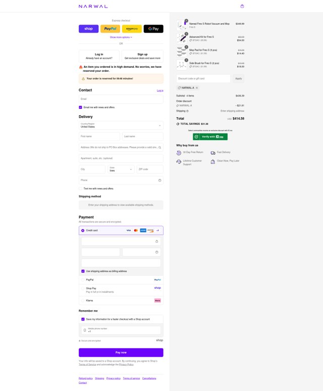 Narwal Robotics checkout page showing Narwal Robotics promo code box | Screenshot taken by SimplyCodes community member on Sep 6, 2025