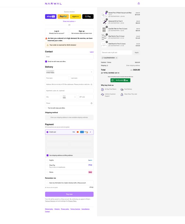 Narwal Robotics checkout page showing Narwal Robotics promo code box | Screenshot taken by SimplyCodes community member on Aug 24, 2025