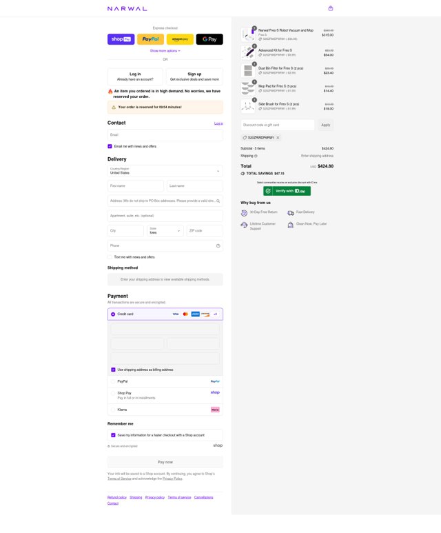 Narwal Robotics checkout page showing Narwal Robotics promo code box | Screenshot taken by SimplyCodes community member on Aug 28, 2025
