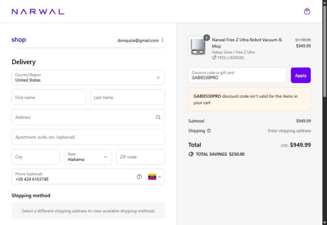 Narwal Robotics checkout page showing Narwal Robotics promo code box | Screenshot taken by SimplyCodes community member on Sep 3, 2025