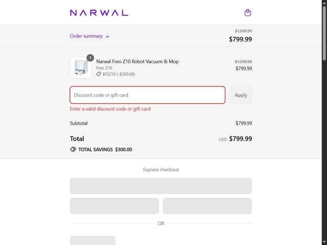 Narwal Robotics checkout page showing Narwal Robotics promo code box | Screenshot taken by SimplyCodes community member on Sep 6, 2025