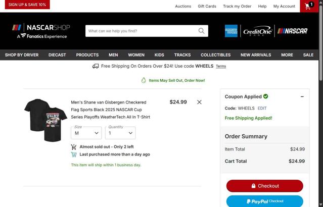 Nascar checkout page showing Nascar coupon code box | Screenshot taken by SimplyCodes community member on Sep 12, 2025