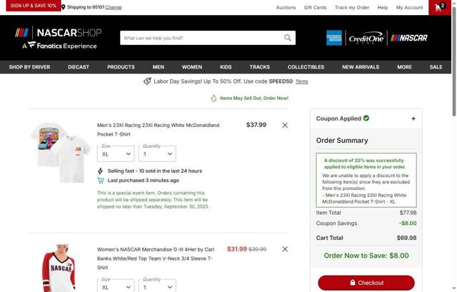 Nascar checkout page showing Nascar coupon code box | Screenshot taken by SimplyCodes community member on Aug 31, 2025