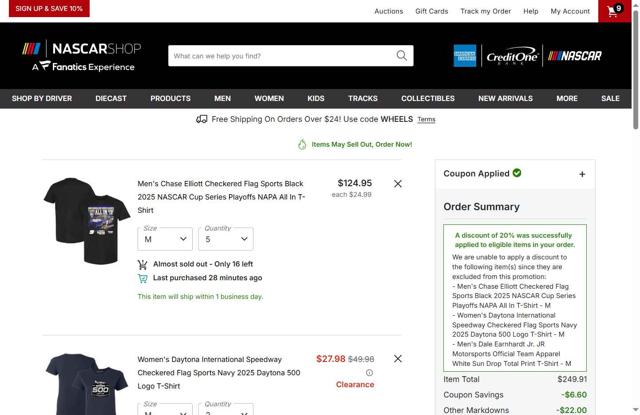 Nascar checkout page showing Nascar coupon code box | Screenshot taken by SimplyCodes community member on Sep 14, 2025