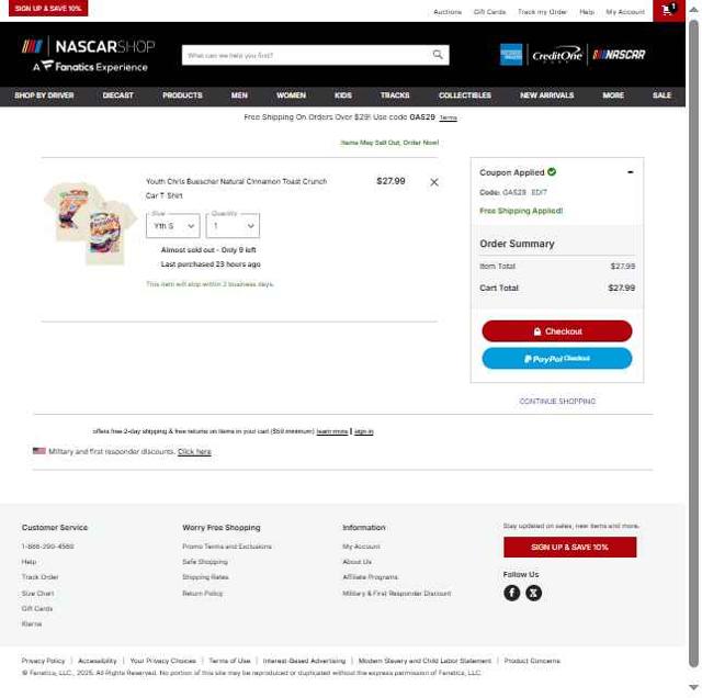 Nascar checkout page showing Nascar coupon code box | Screenshot taken by SimplyCodes community member on Sep 2, 2025