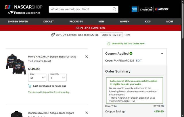 Nascar checkout page showing Nascar coupon code box | Screenshot taken by SimplyCodes community member on Sep 11, 2025
