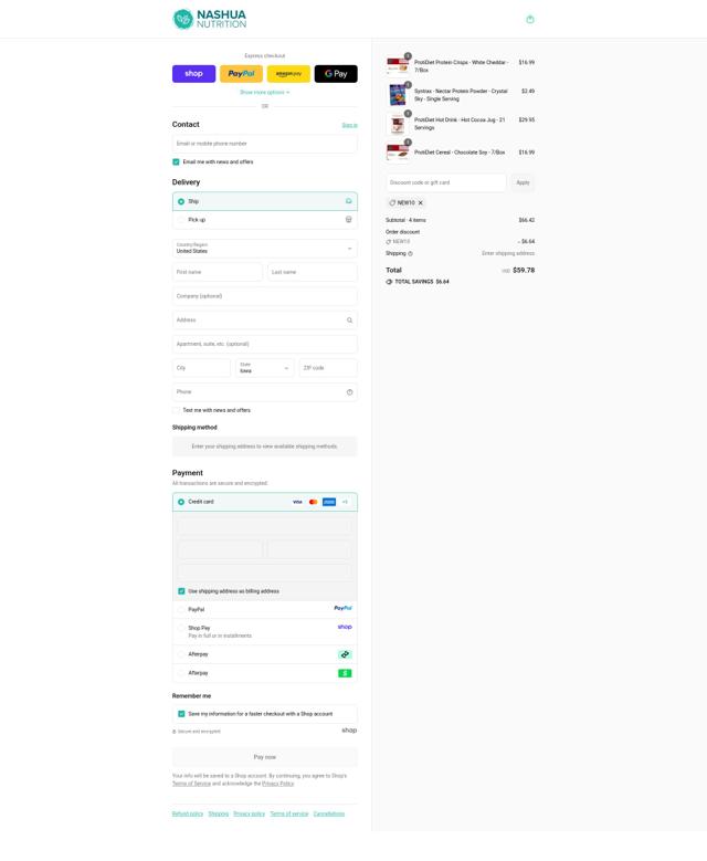 Nashua Nutrition checkout page showing Nashua Nutrition discount code box | Screenshot taken by SimplyCodes community member on Sep 12, 2025