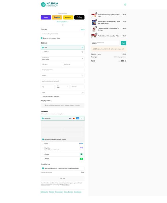 Nashua Nutrition checkout page showing Nashua Nutrition discount code box | Screenshot taken by SimplyCodes community member on Sep 12, 2025