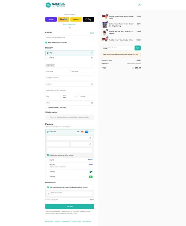 Nashua Nutrition checkout page showing Nashua Nutrition discount code box | Screenshot taken by SimplyCodes community member on Sep 12, 2025