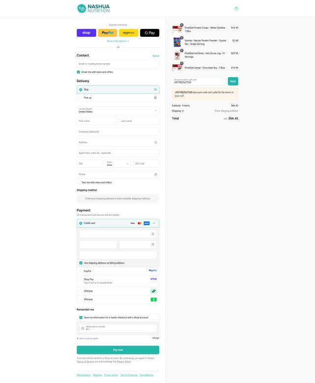 Nashua Nutrition checkout page showing Nashua Nutrition discount code box | Screenshot taken by SimplyCodes community member on Sep 12, 2025