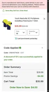 Nashville SC coupon verification screenshot