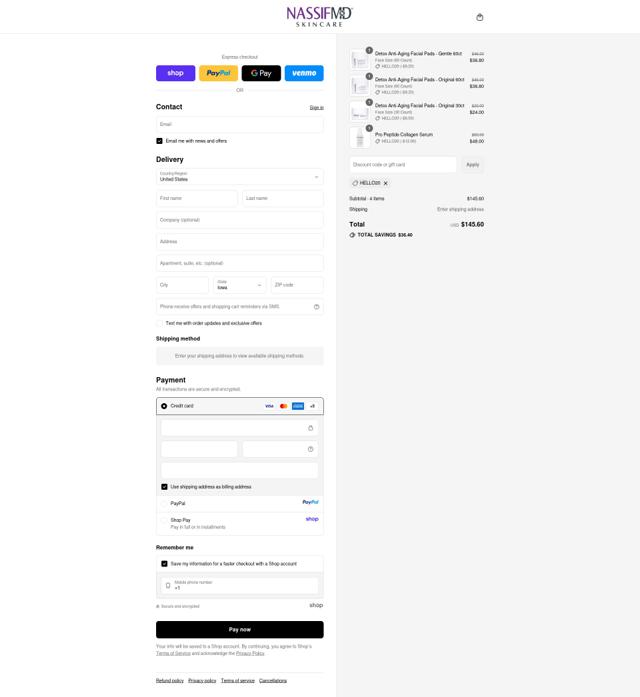 NassifMD Dermaceuticals checkout page showing NassifMD Dermaceuticals promo code box | Screenshot taken by SimplyCodes community member on Sep 11, 2025