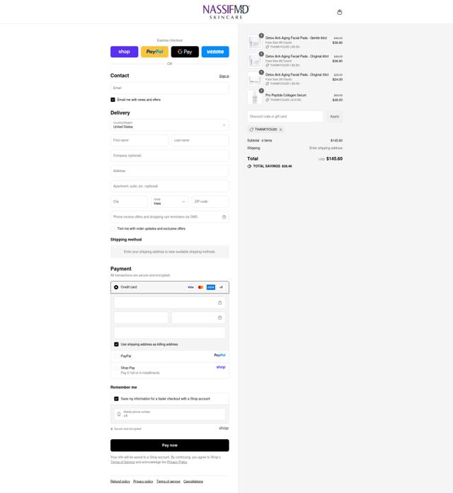 NassifMD Dermaceuticals checkout page showing NassifMD Dermaceuticals promo code box | Screenshot taken by SimplyCodes community member on Sep 11, 2025