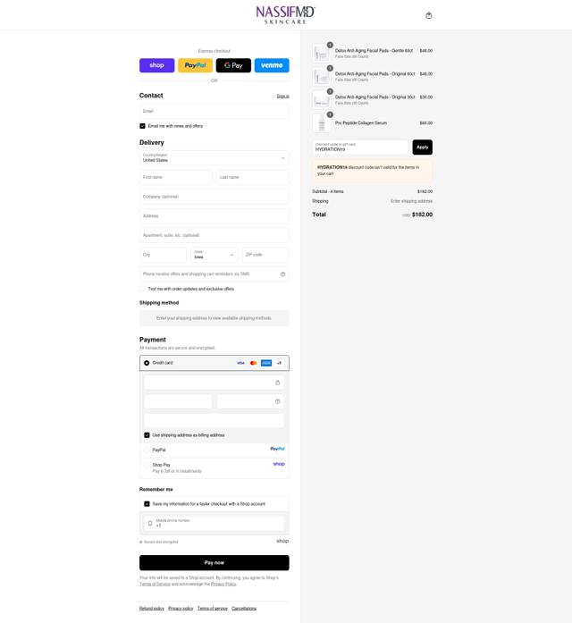 NassifMD Dermaceuticals checkout page showing NassifMD Dermaceuticals promo code box | Screenshot taken by SimplyCodes community member on Sep 11, 2025