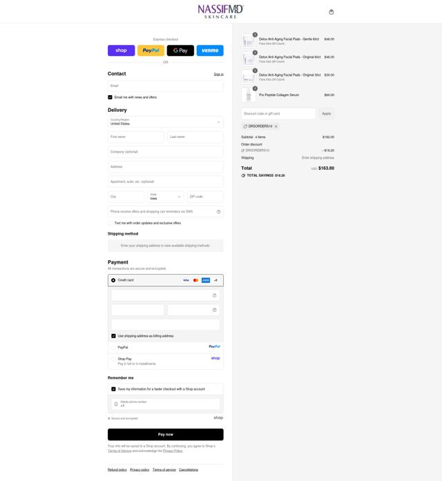 NassifMD Dermaceuticals checkout page showing NassifMD Dermaceuticals promo code box | Screenshot taken by SimplyCodes community member on Sep 11, 2025