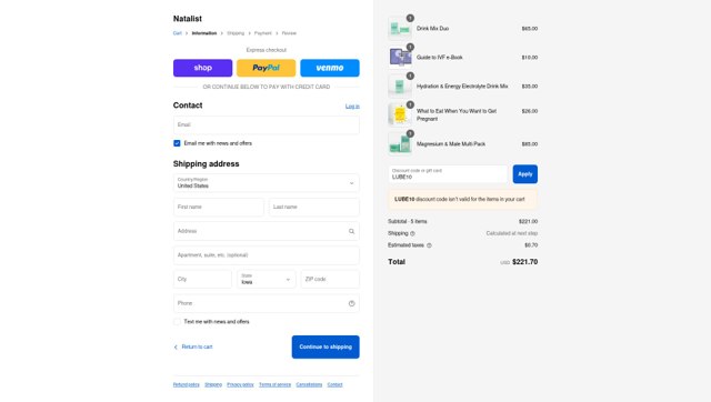 Natalist checkout page showing Natalist promo code box | Screenshot taken by SimplyCodes community member on Sep 4, 2025
