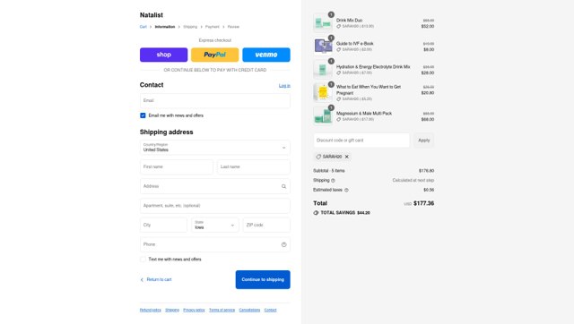 Natalist checkout page showing Natalist promo code box | Screenshot taken by SimplyCodes community member on Sep 4, 2025