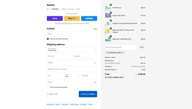 Natalist checkout page showing Natalist promo code box | Screenshot taken by SimplyCodes community member on Sep 4, 2025