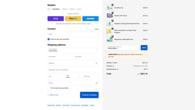 Natalist checkout page showing Natalist promo code box | Screenshot taken by SimplyCodes community member on Sep 4, 2025