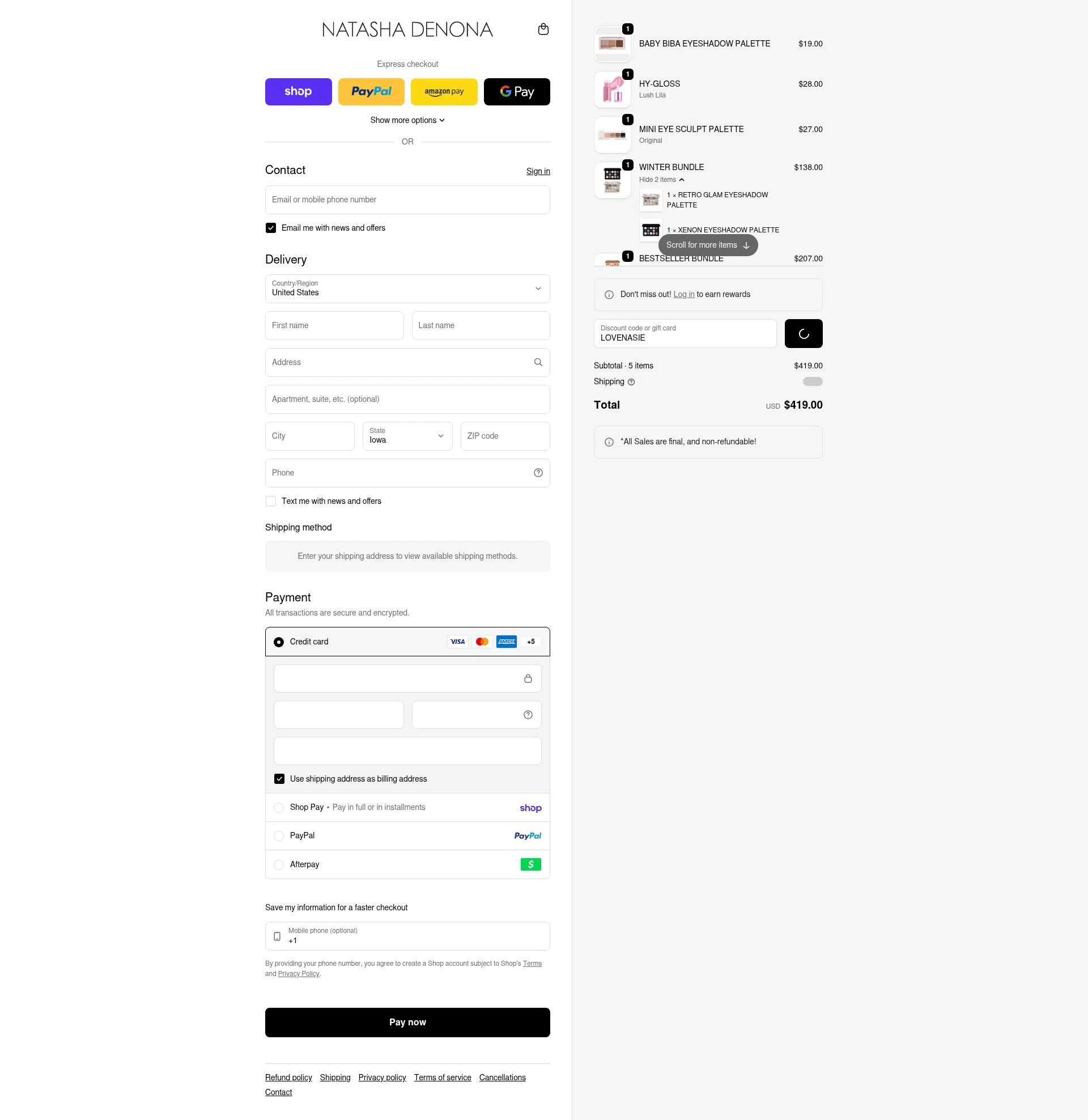 Natasha Denona checkout page showing Natasha Denona discount code box | Screenshot taken by SimplyCodes community member on Feb 15, 2026