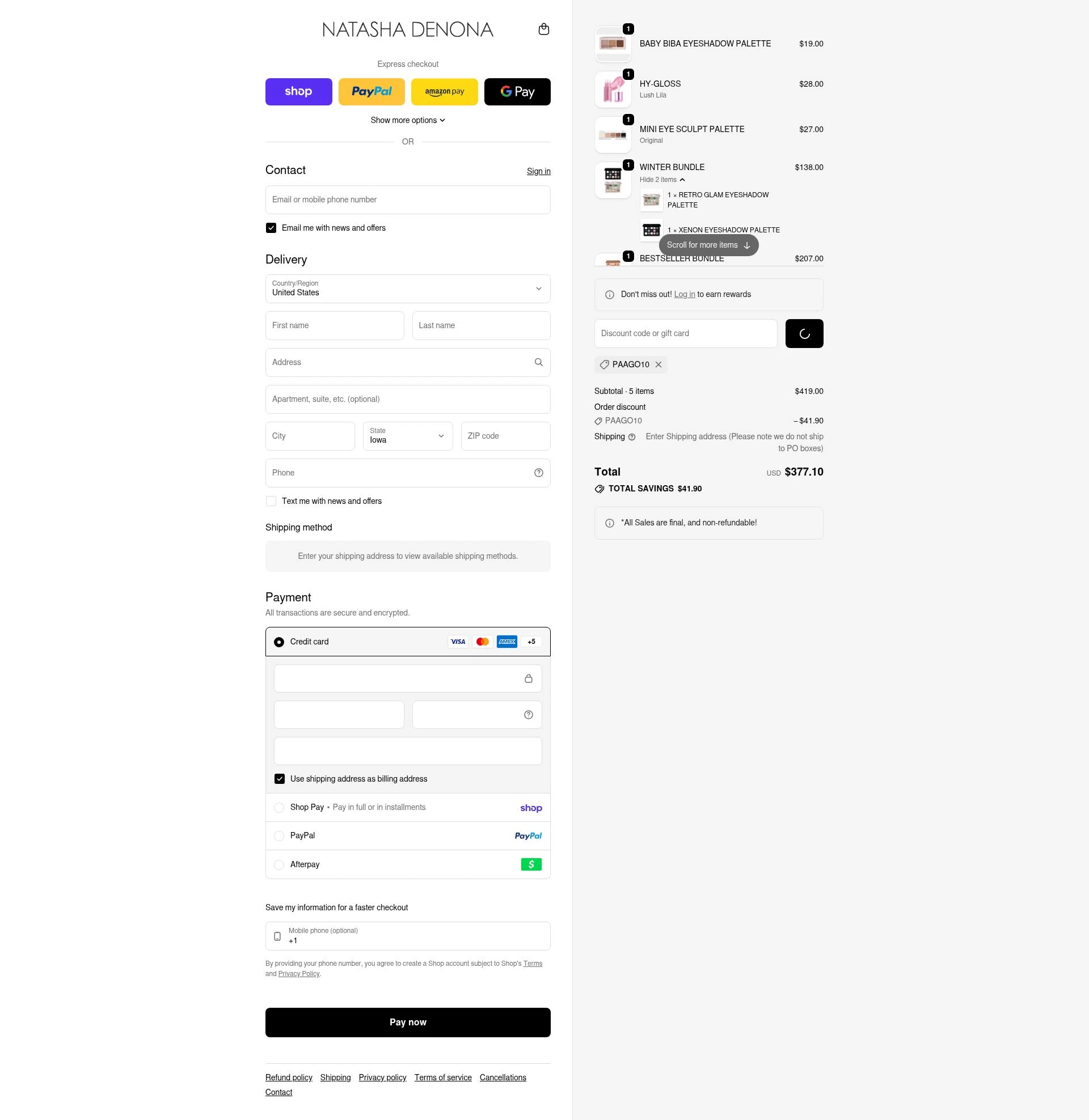 Natasha Denona checkout page showing Natasha Denona discount code box | Screenshot taken by SimplyCodes community member on Feb 15, 2026