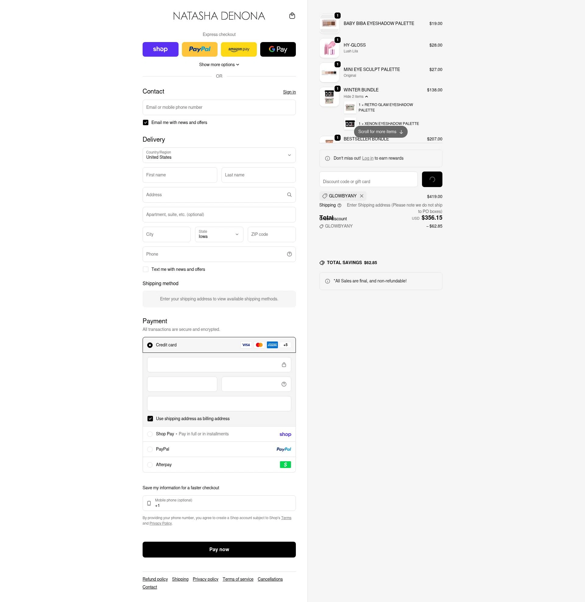 Natasha Denona checkout page showing Natasha Denona discount code box | Screenshot taken by SimplyCodes community member on Feb 15, 2026