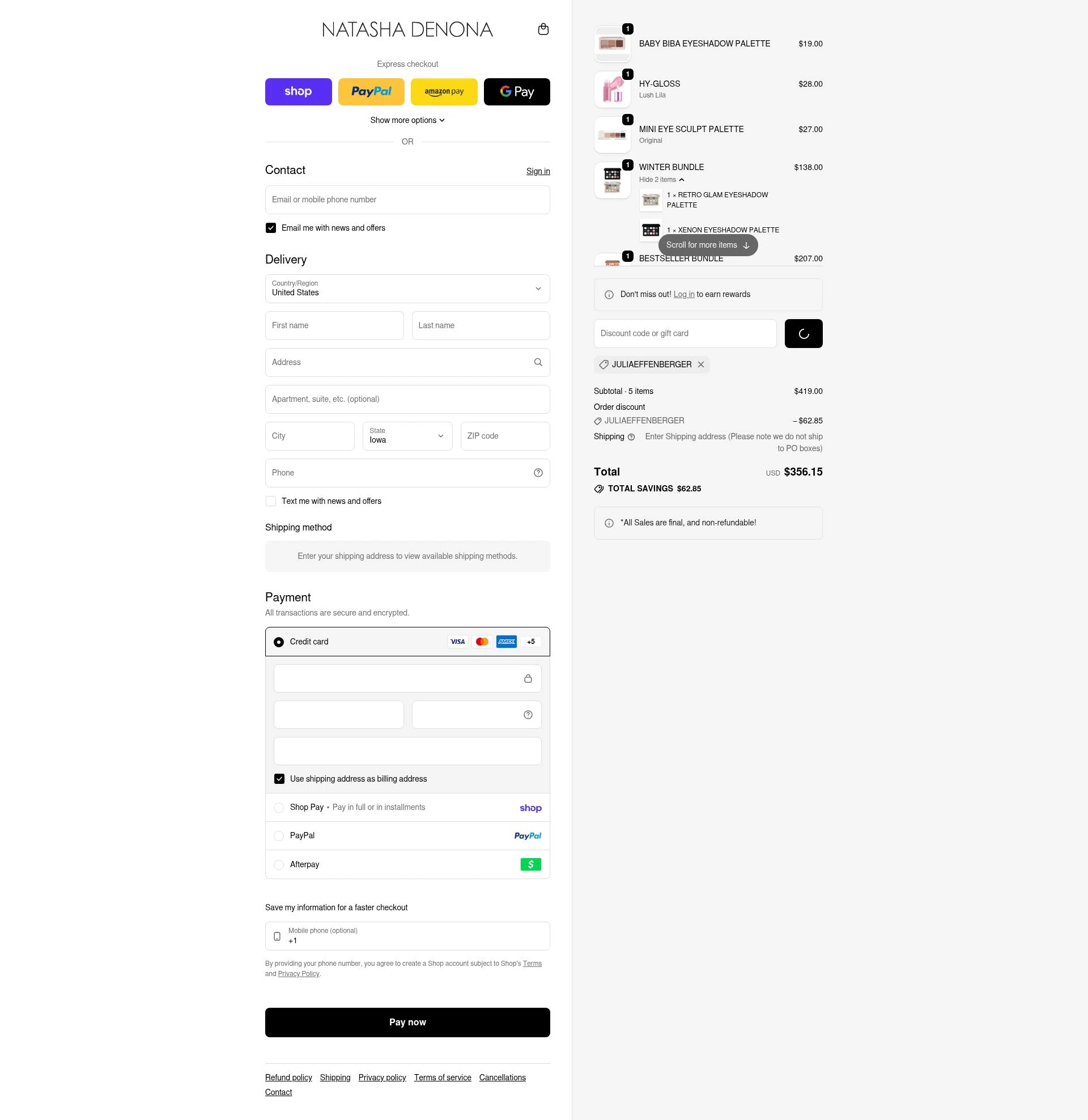 Natasha Denona checkout page showing Natasha Denona discount code box | Screenshot taken by SimplyCodes community member on Feb 15, 2026
