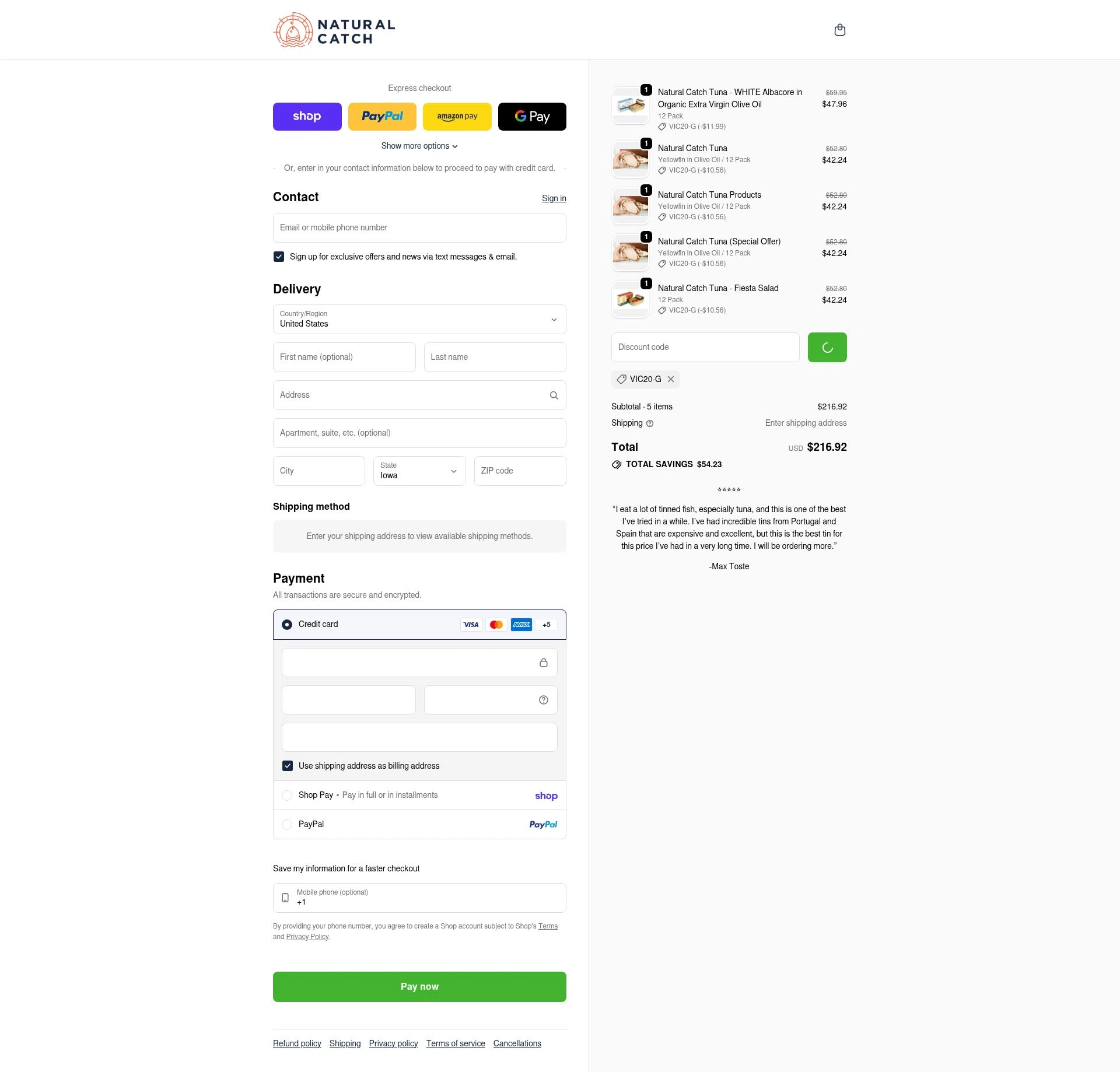 Natural Catch Tuna checkout page showing Natural Catch Tuna discount code box | Screenshot taken by SimplyCodes community member on Feb 3, 2026