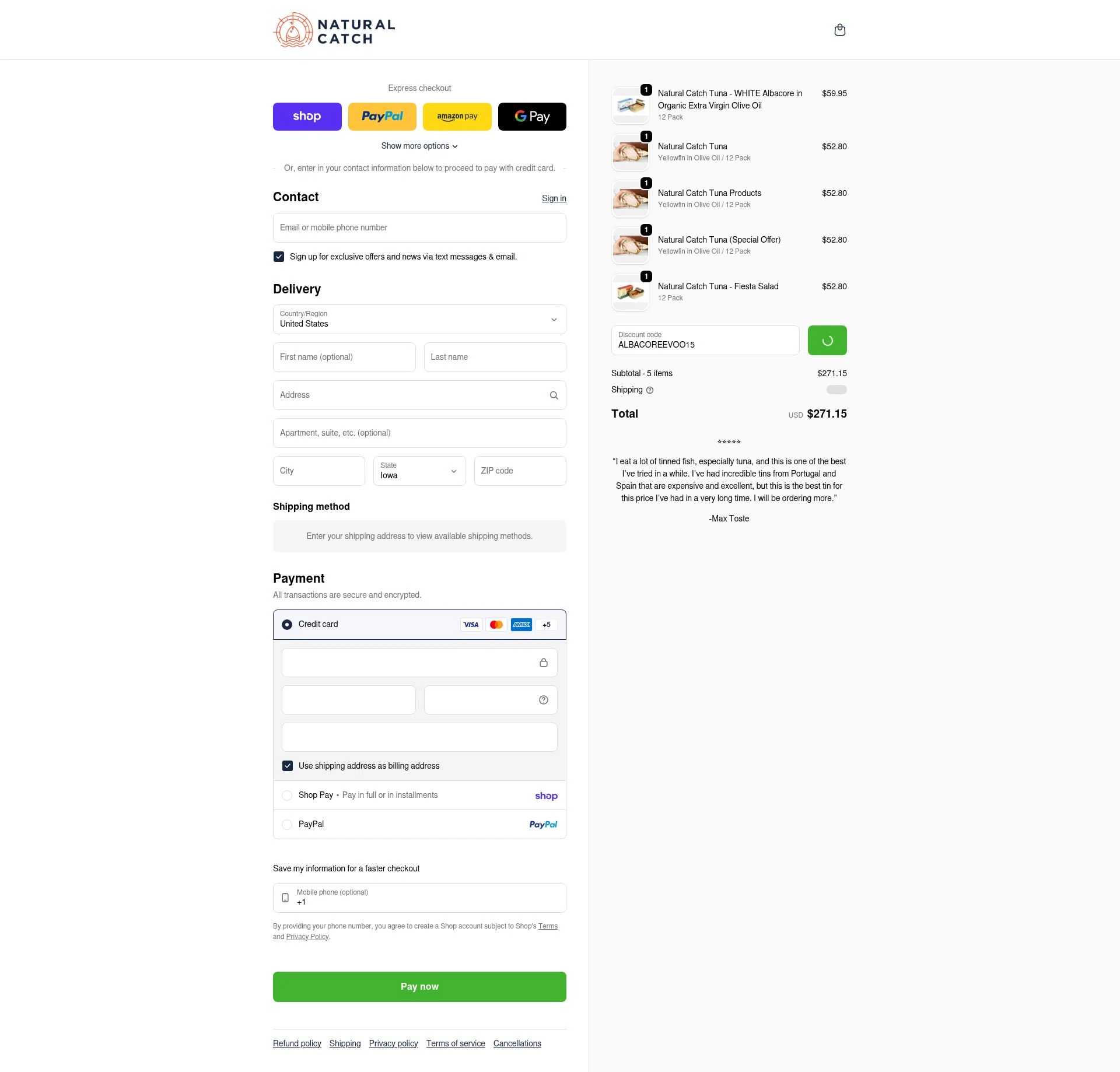 Natural Catch Tuna checkout page showing Natural Catch Tuna discount code box | Screenshot taken by SimplyCodes community member on Feb 3, 2026