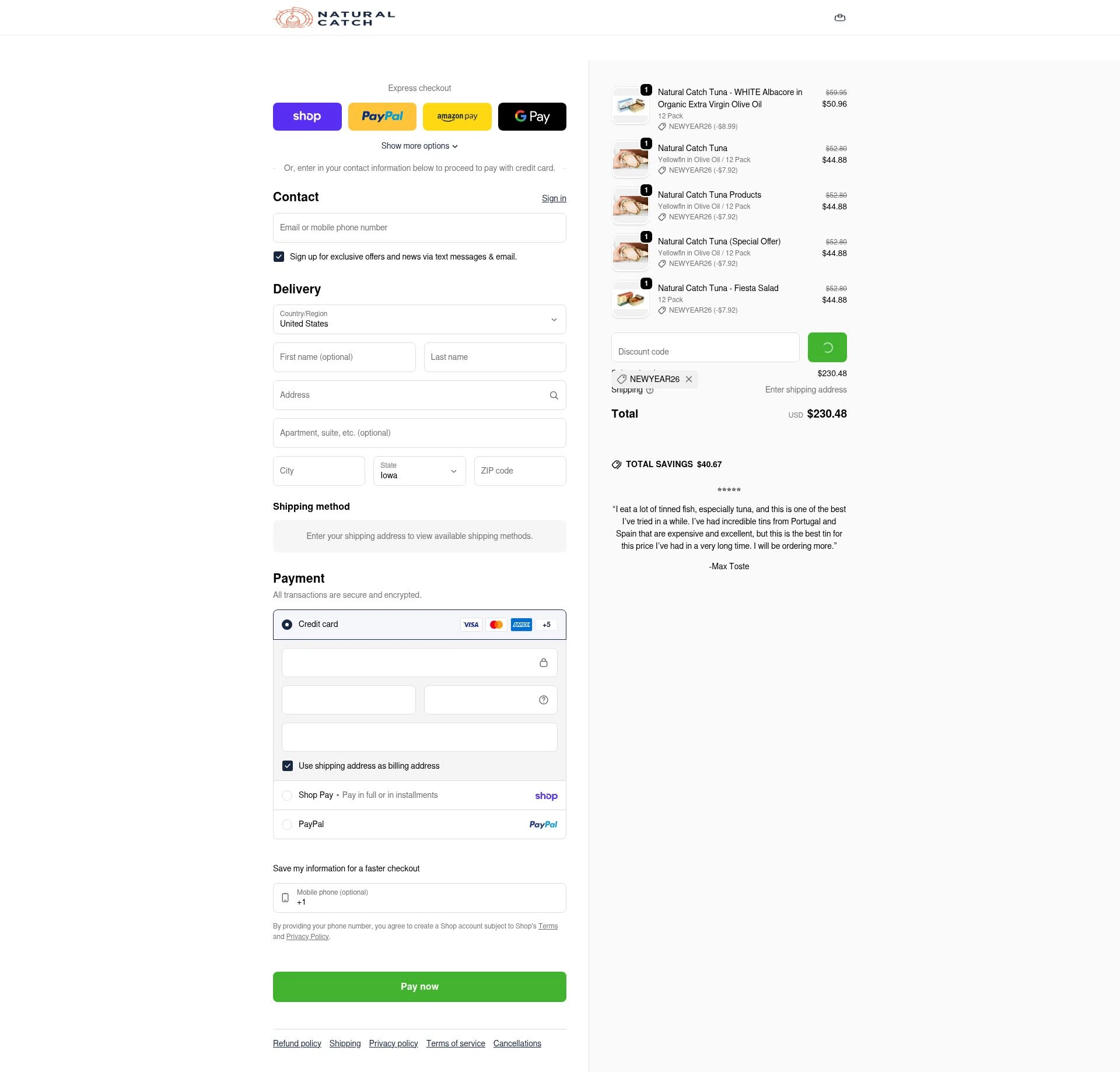 Natural Catch Tuna checkout page showing Natural Catch Tuna discount code box | Screenshot taken by SimplyCodes community member on Feb 3, 2026