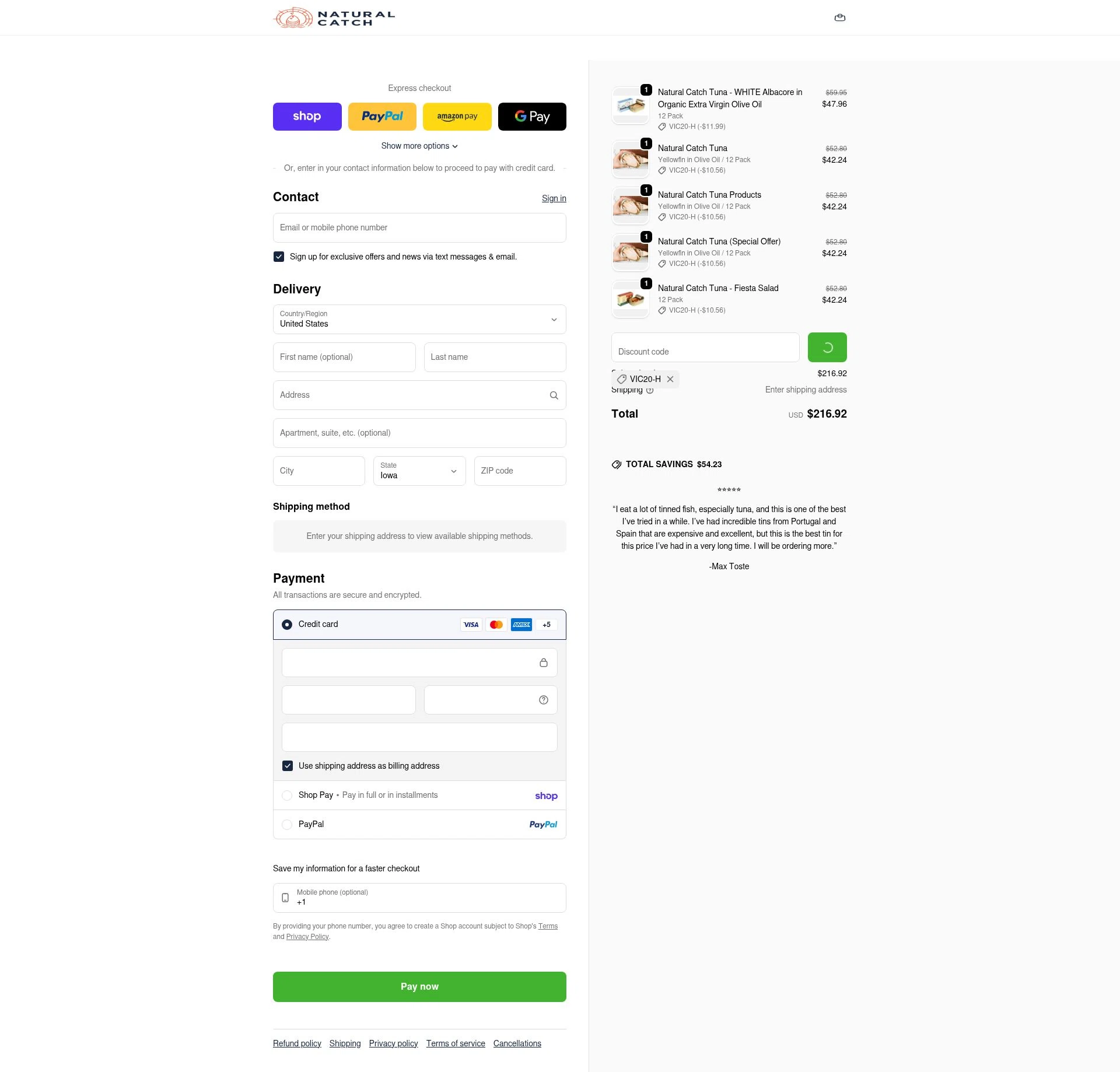 Natural Catch Tuna checkout page showing Natural Catch Tuna discount code box | Screenshot taken by SimplyCodes community member on Feb 3, 2026