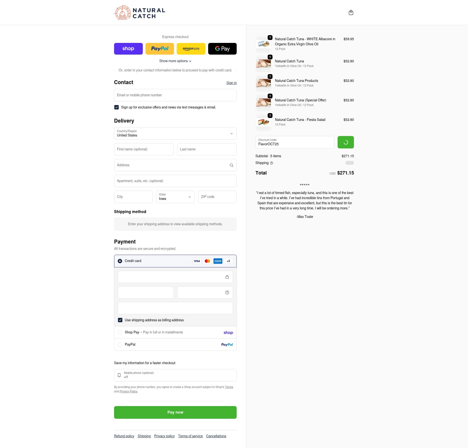 Natural Catch Tuna checkout page showing Natural Catch Tuna discount code box | Screenshot taken by SimplyCodes community member on Feb 3, 2026