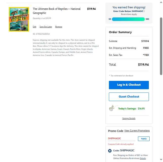 National Geographic Kids checkout page showing National Geographic Kids promo code box | Screenshot taken by SimplyCodes community member on Jan 27, 2026