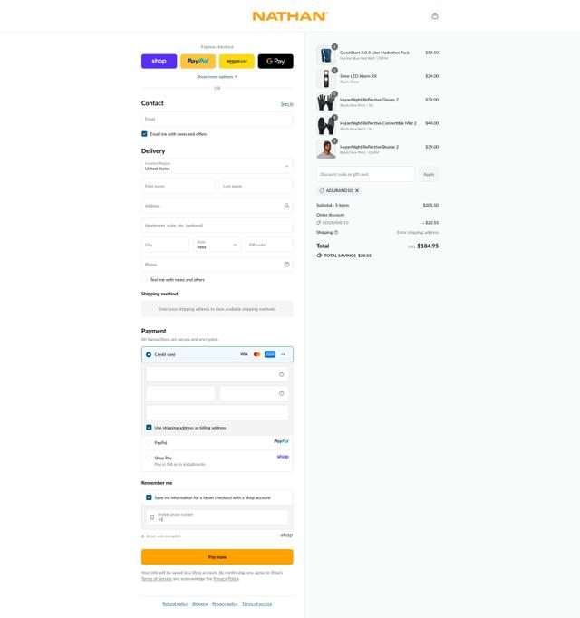 Nathan Sports checkout page showing Nathan Sports discount code box | Screenshot taken by SimplyCodes community member on Sep 14, 2025