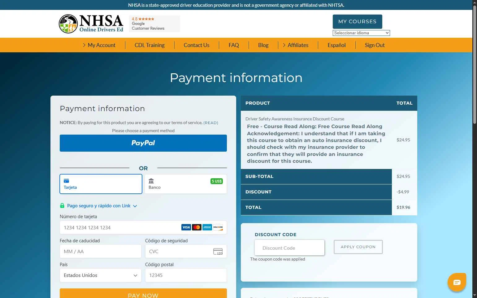 National Highway Safety Administration checkout page showing National Highway Safety Administration discount code box | Screenshot taken by SimplyCodes community member on Dec 30, 2025