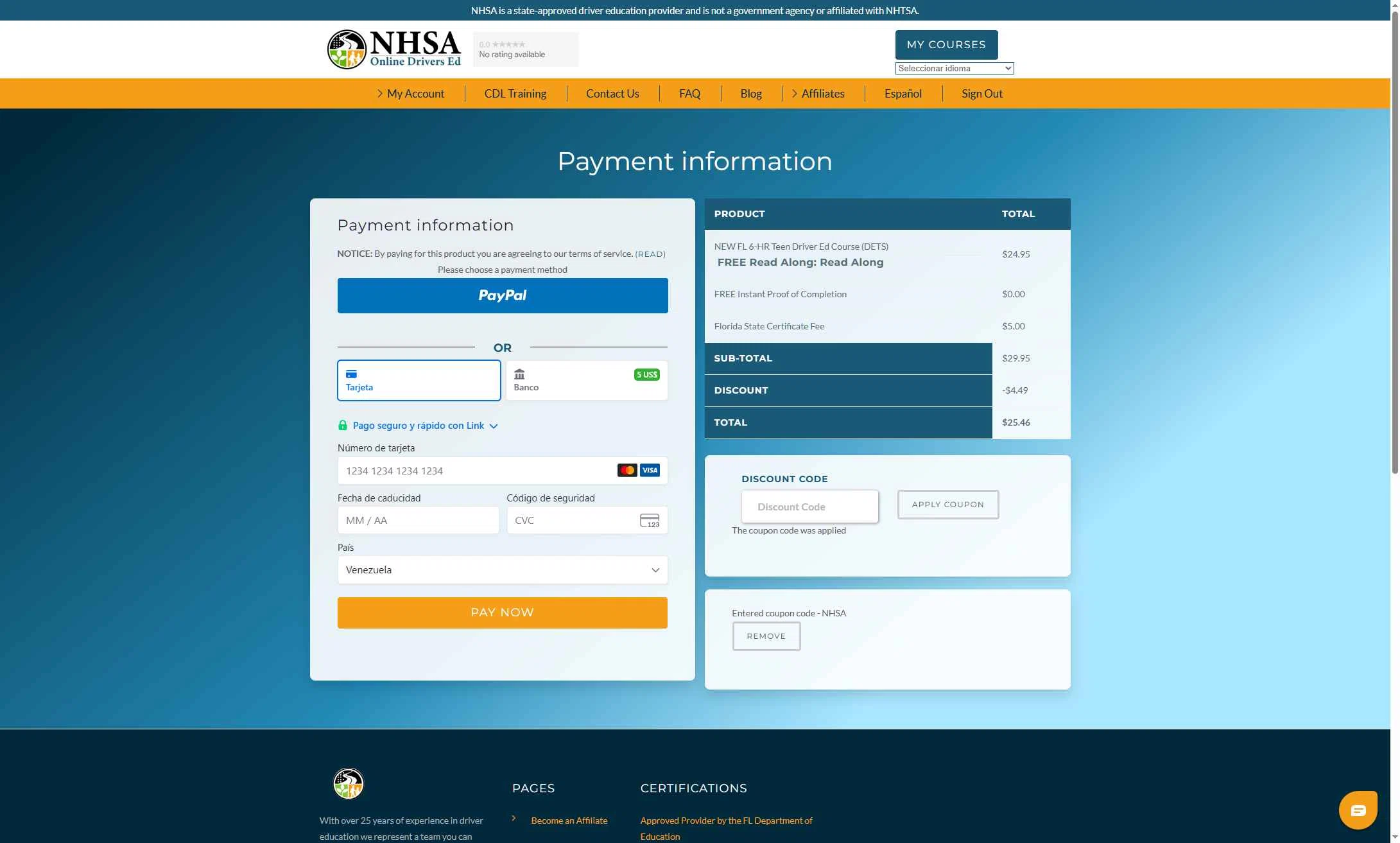 National Highway Safety Administration checkout page showing National Highway Safety Administration discount code box | Screenshot taken by SimplyCodes community member on Dec 30, 2025