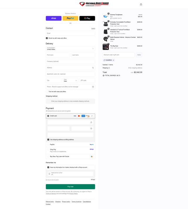 National Body Armor checkout page showing National Body Armor promo code box | Screenshot taken by SimplyCodes community member on Sep 2, 2025