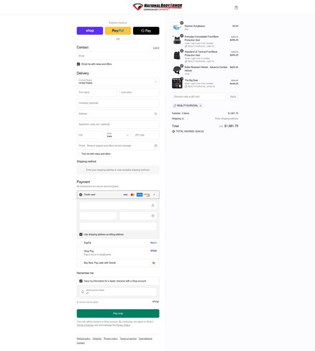 National Body Armor checkout page showing National Body Armor promo code box | Screenshot taken by SimplyCodes community member on Sep 7, 2025