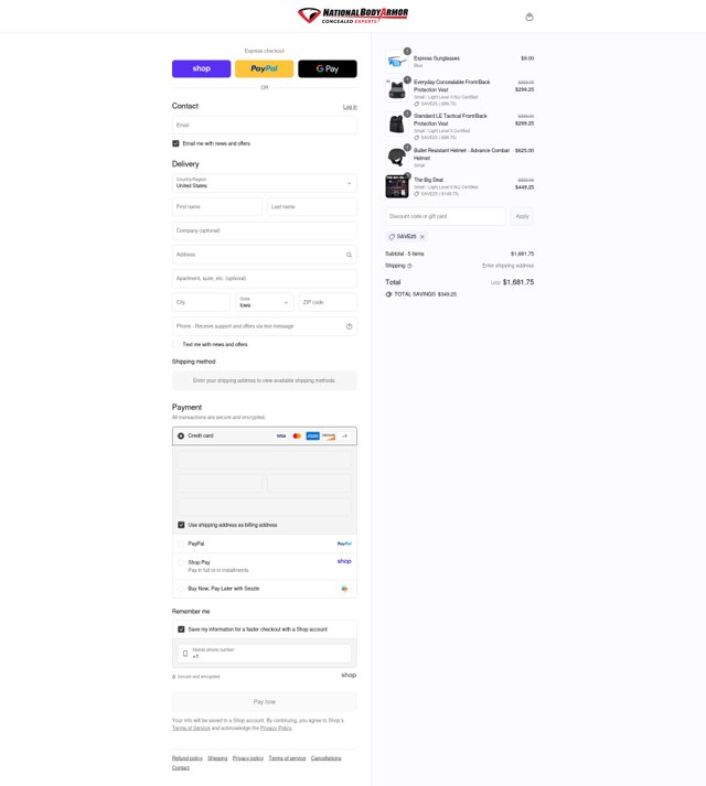 National Body Armor checkout page showing National Body Armor promo code box | Screenshot taken by SimplyCodes community member on Sep 7, 2025