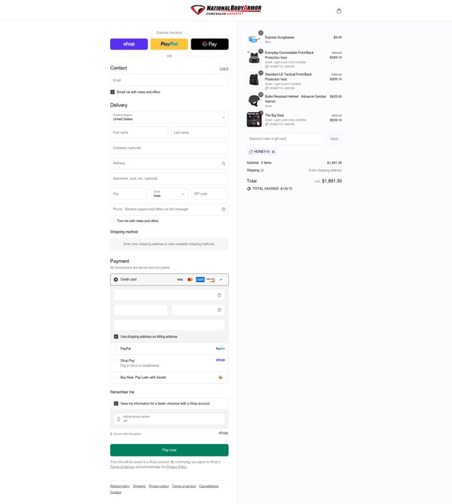 National Body Armor checkout page showing National Body Armor promo code box | Screenshot taken by SimplyCodes community member on Sep 7, 2025
