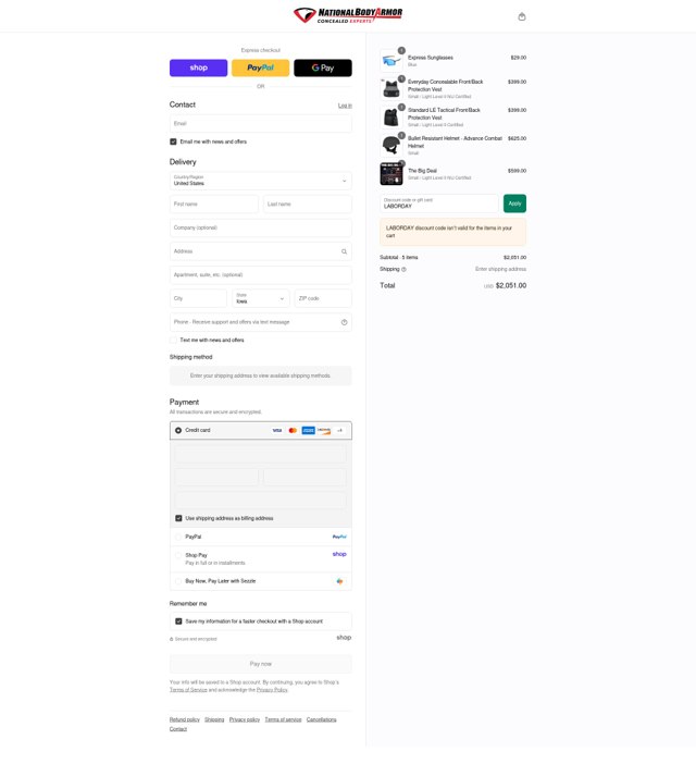 National Body Armor checkout page showing National Body Armor promo code box | Screenshot taken by SimplyCodes community member on Sep 2, 2025