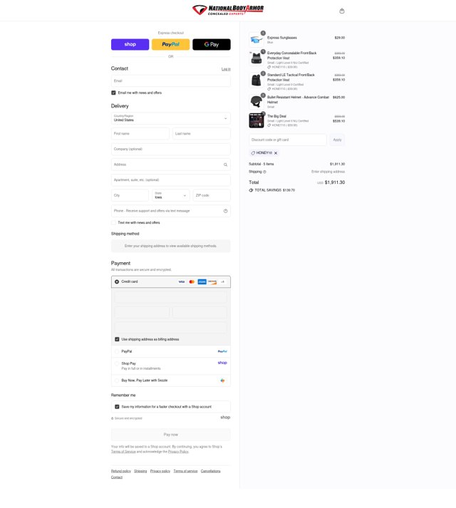 National Body Armor checkout page showing National Body Armor promo code box | Screenshot taken by SimplyCodes community member on Sep 2, 2025