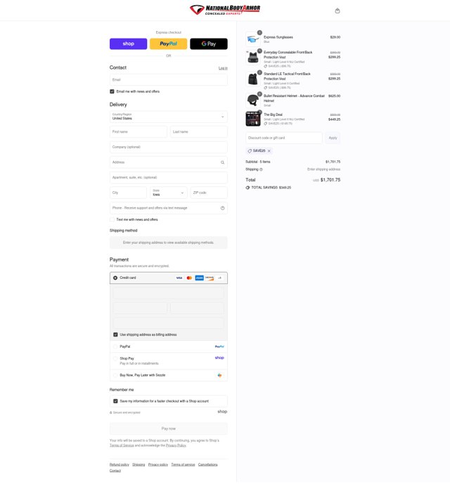 National Body Armor checkout page showing National Body Armor promo code box | Screenshot taken by SimplyCodes community member on Sep 2, 2025